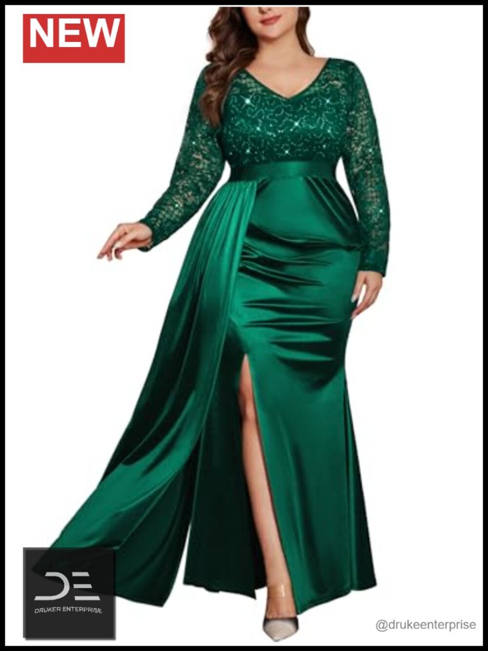 Women's Plus Size Formal V Neck Satin Slit Mermaid Gown
